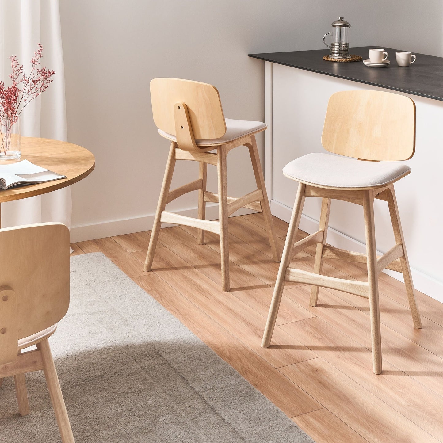 Bar Stools Set of 2 Light Beige Fabric Rubberwood Armless