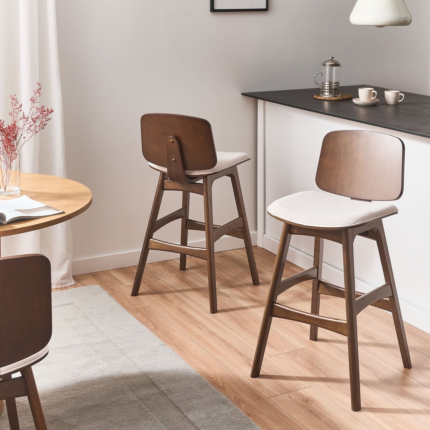 Armless Barstools Set Of 2 In Light Beige Fabric, Rubberwood Frame For Dining Area