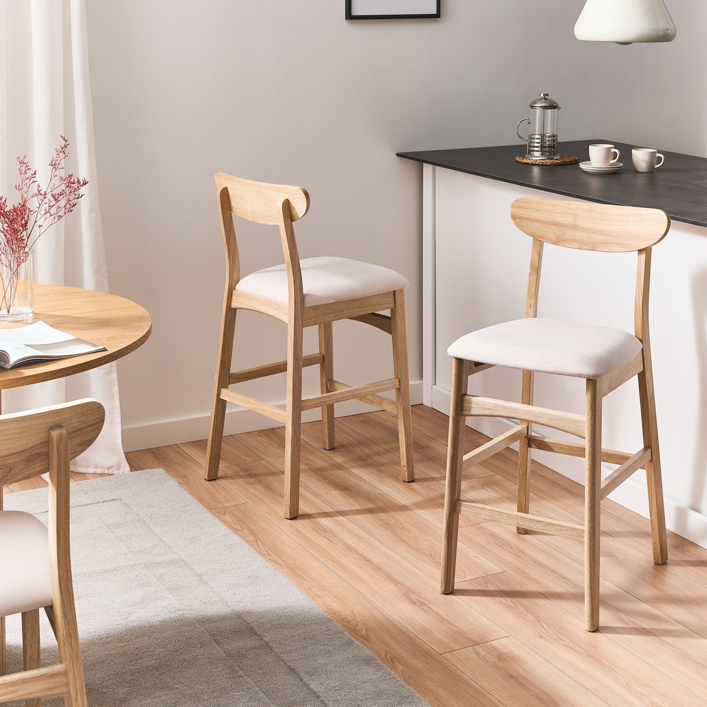 Set of2 Bar Chairs Beige Brown Rubberwood Frame Armless Retro