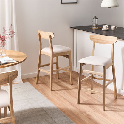 Set of2 Bar Chairs Beige Brown Rubberwood Frame Armless Retro