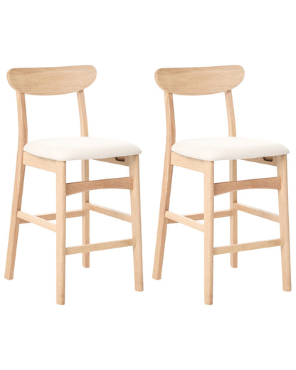Set of2 Bar Chairs Beige Brown Rubberwood Frame Armless Retro