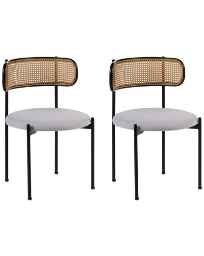 Home Set Of 2 Accent Dining Chairs Black Metal Frame Grey Fabric Seats Viennese Braid Back