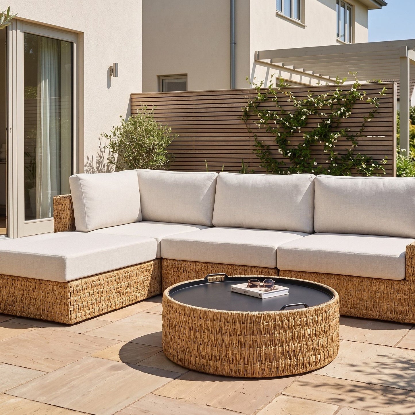 Corner Sofa Garden Set Beige PE Rattan 4 Seater with Tray