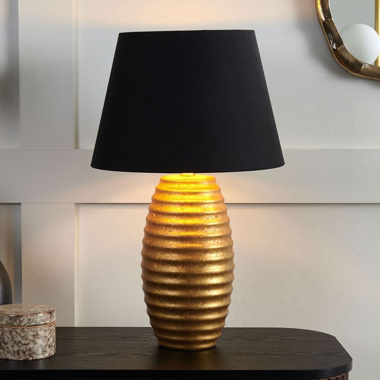 Table Lamp Gold Ceramic Base Black Fabric Cone Shade Bedside Light For Elegant Living Rooms