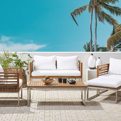 Outdoor Acacia Wood 4 Seater Garden Sofa Set With White Cushions Slatted Design