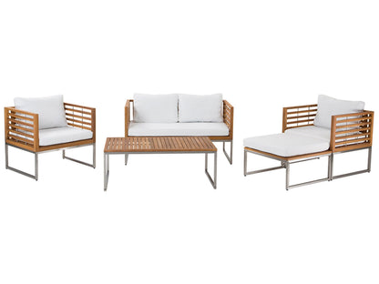 Outdoor Acacia Wood 4 Seater Garden Sofa Set With White Cushions Slatted Design