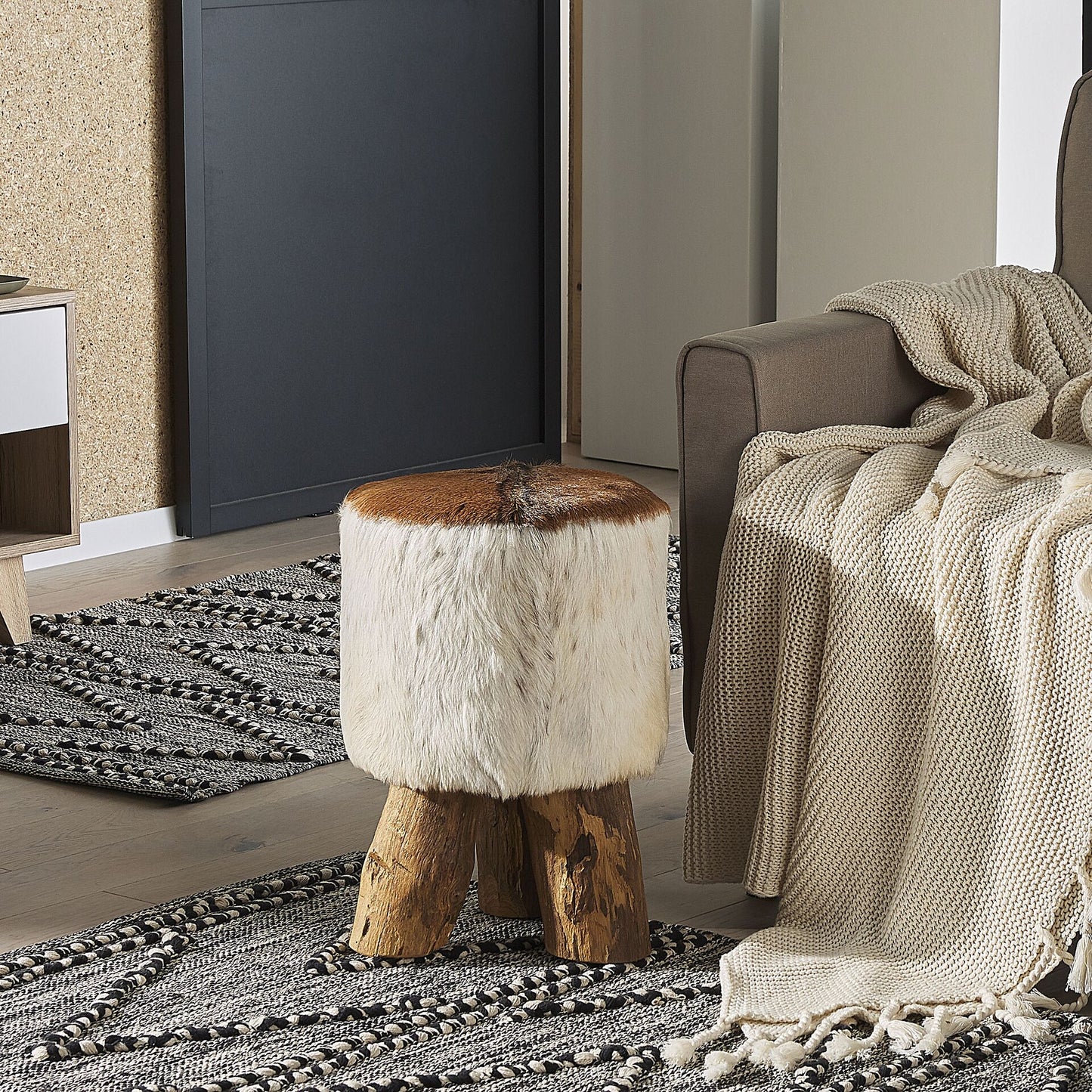 Rustic Teak Goat Leather Footstool Tripod Legs