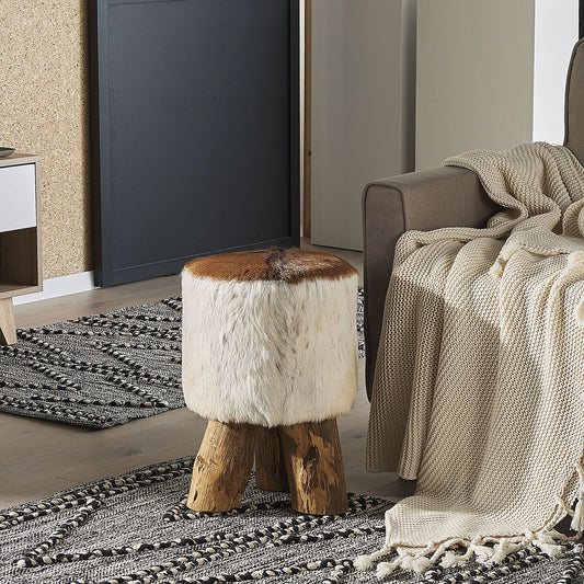 Rustic Teak Goat Leather Footstool Tripod Legs
