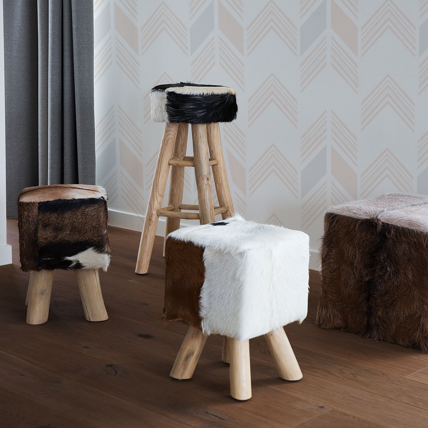 Footstool Animal Print Lambskin Leather With Teak Legs