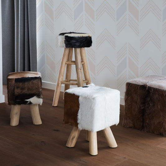 Footstool Animal Print Lambskin Leather With Teak Legs