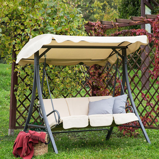 Patio Swing Beige Fabric Powder Coated Steel 3 Seater
