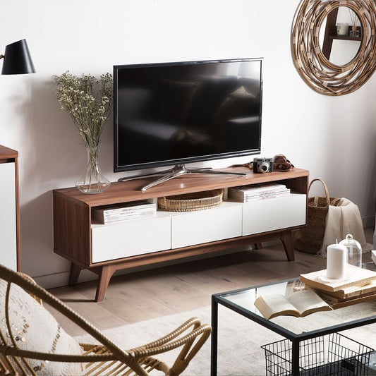 TV Stand Dark Brown White Finish Modern Console With Three Drawers And Cable Management