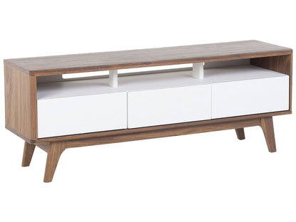 TV Stand Dark Brown White Finish Modern Console With Three Drawers And Cable Management