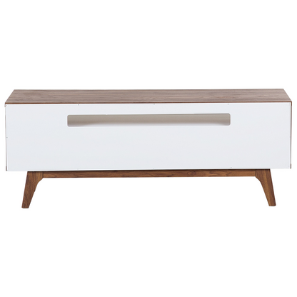 TV Stand Dark Brown White Finish Modern Console With Three Drawers And Cable Management