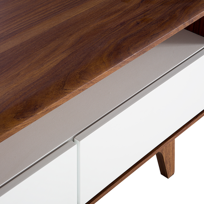 TV Stand Dark Brown White Finish Modern Console With Three Drawers And Cable Management