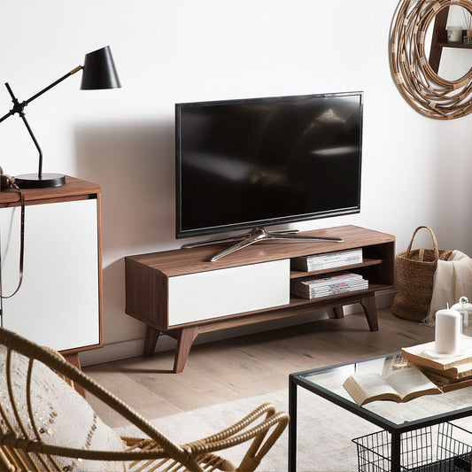 TV Stand Dark Brown White Storage Shelf Cable Management Modern