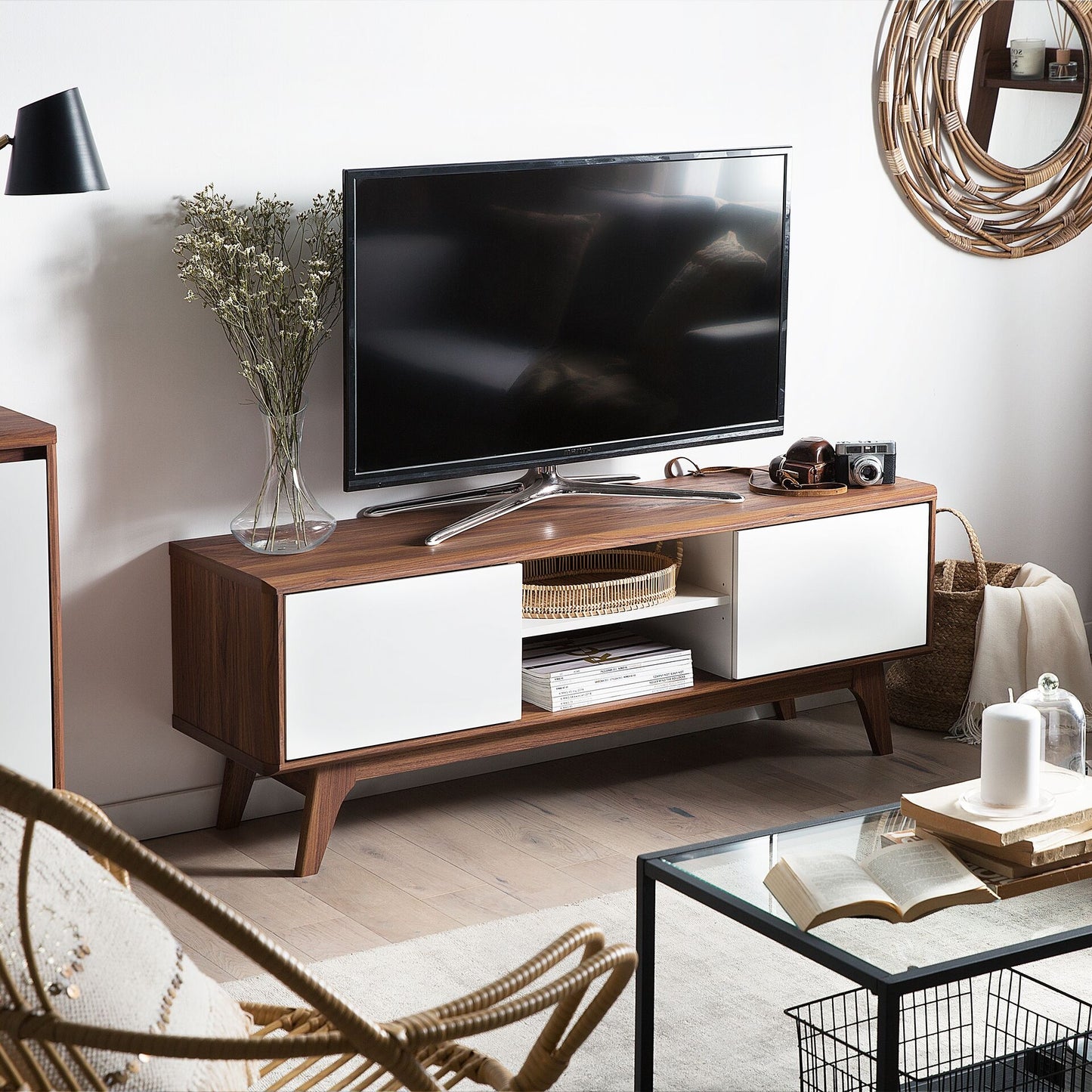 TV Stand Dark Brown White Storage With Cable Management