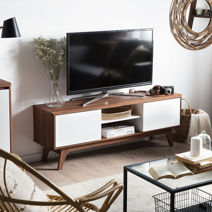 TV Stand Dark Brown White Storage With Cable Management