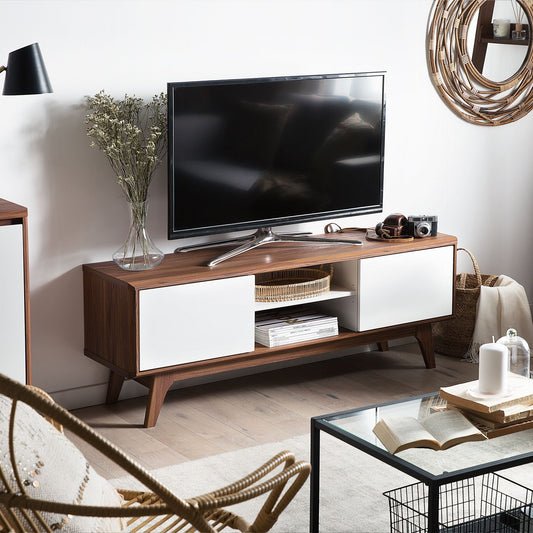 TV Stand Dark Brown White Storage With Cable Management