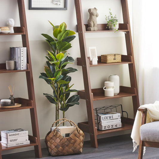 5 Tier Ladder Bookcase Dark Brown Wood Shelf Display
