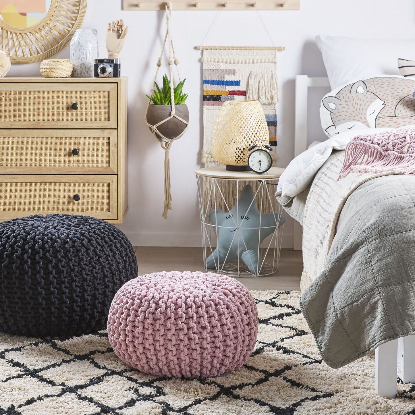 Black Knitted Cotton EPS Beads Pouf Ottoman 50 x 35cm Round