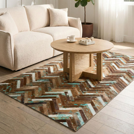 Multicolour Leather Cowhide Rug 80 x 150cm Hand Crafted Centerpiece For Modern Living Rooms