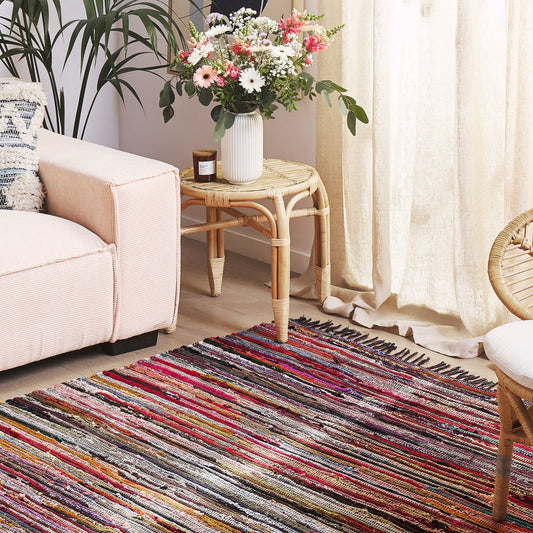 Area Rug Dark Multicolour 140 x 200cm Striped Fringe Handmade