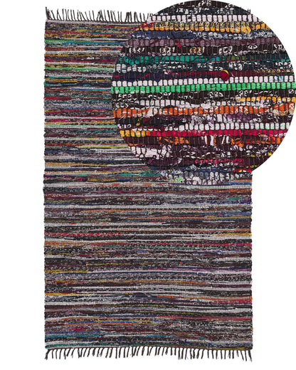 Area Rug Dark Multicolour 140 x 200cm Striped Fringe Handmade