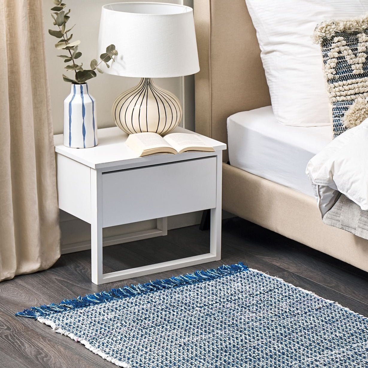 Rag Rug Blue Cotton 80 x 150cm Handmade Boho Eclectic Rectangular Rug For Living Room Decor