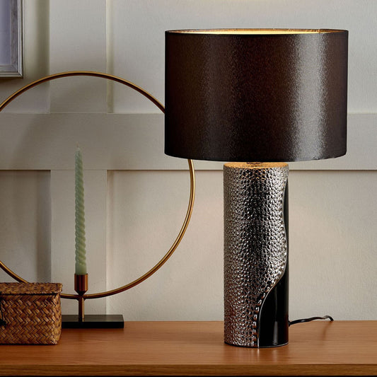 Table Lamp Silver Ceramic Pillar Base Faux Silk Drum Shade