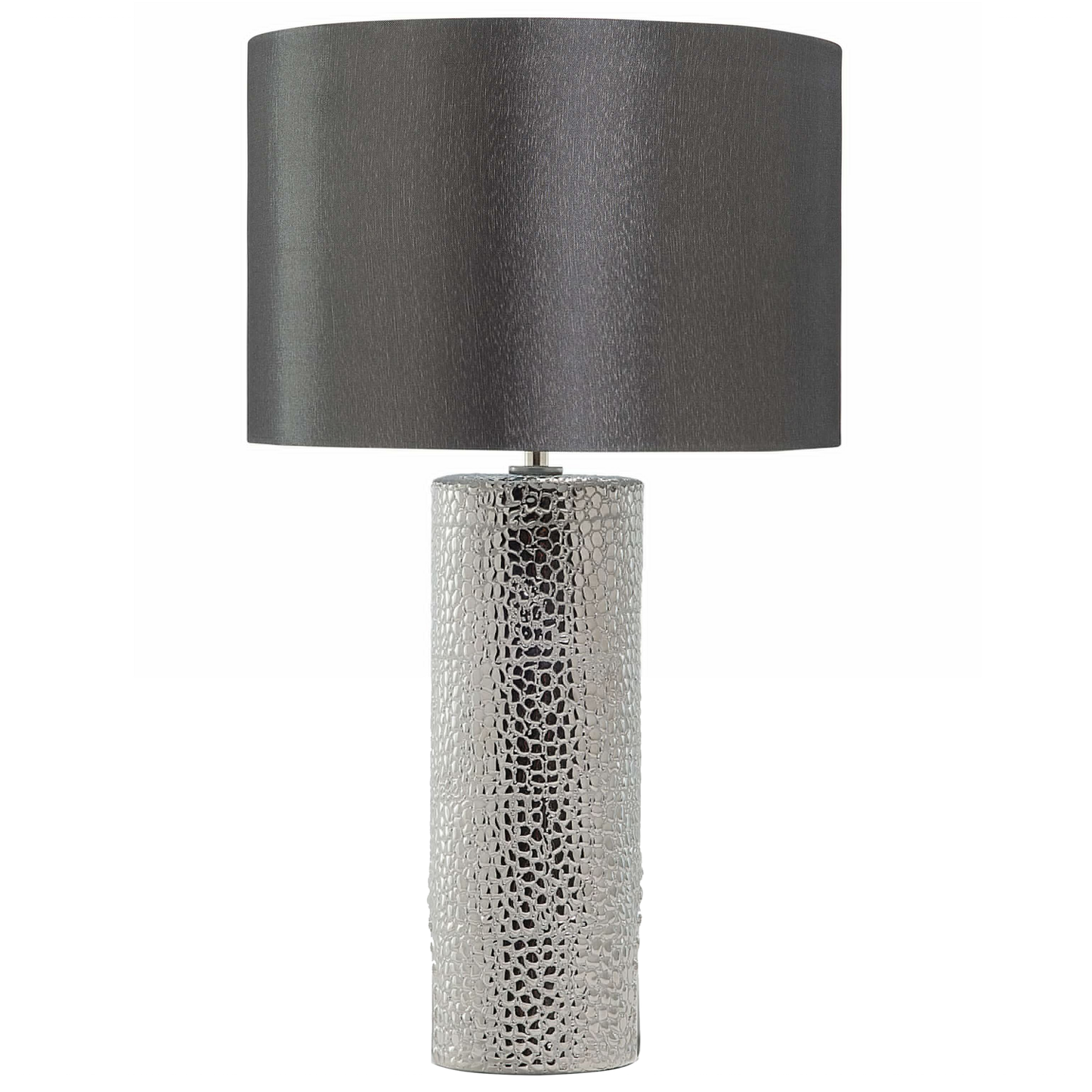 Table Lamp Silver Ceramic Pillar Base Faux Silk Drum Shade