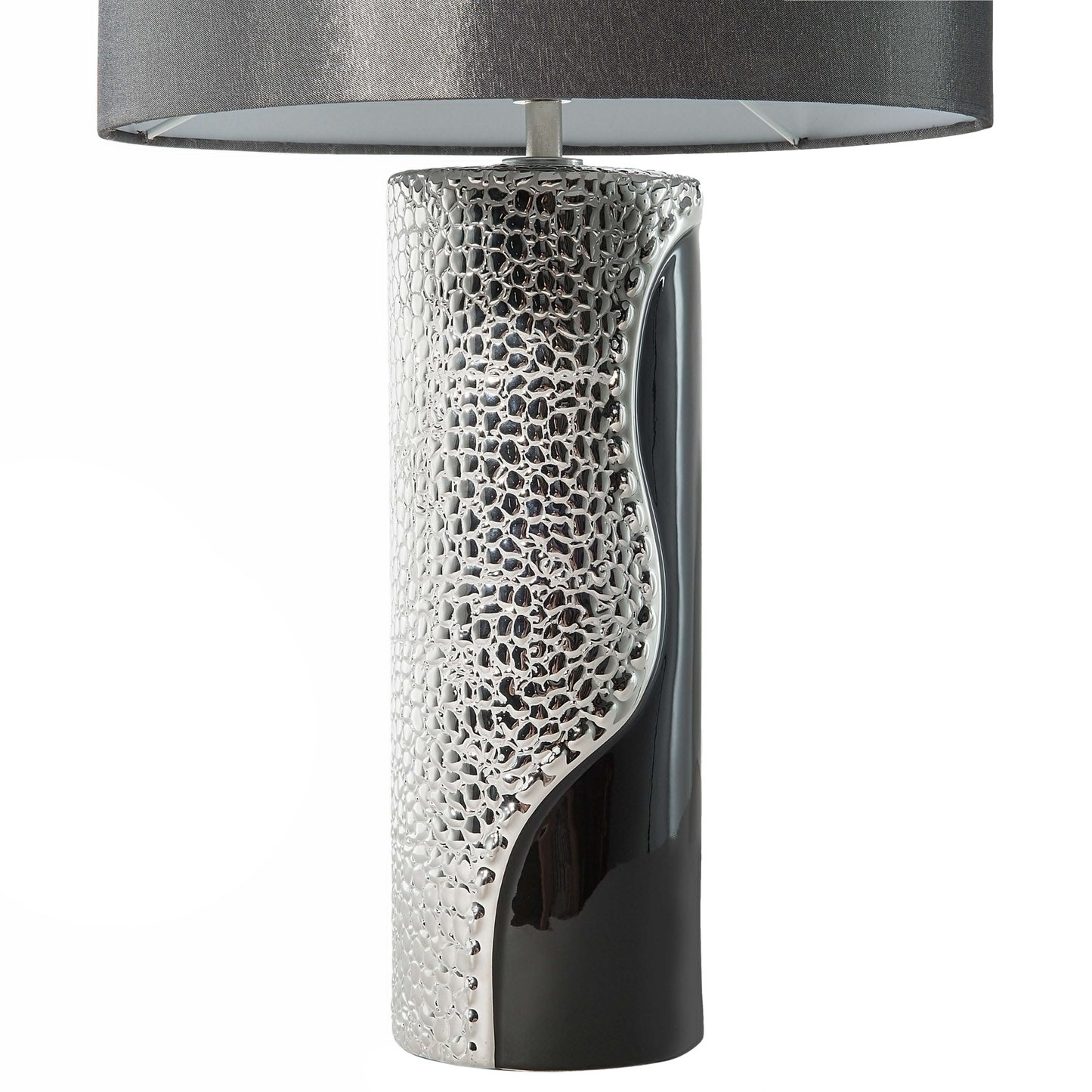 Table Lamp Silver Ceramic Pillar Base Faux Silk Drum Shade