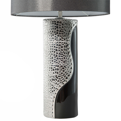Table Lamp Silver Ceramic Pillar Base Faux Silk Drum Shade