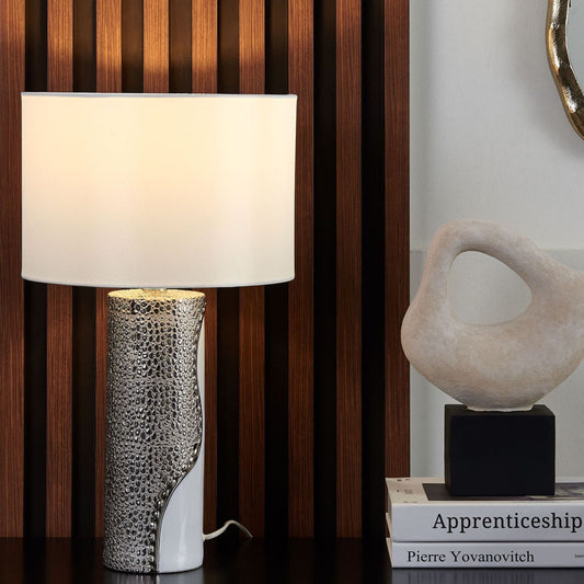 Table Lamp White Ceramic Pillar Base Faux Silk Drum Shade