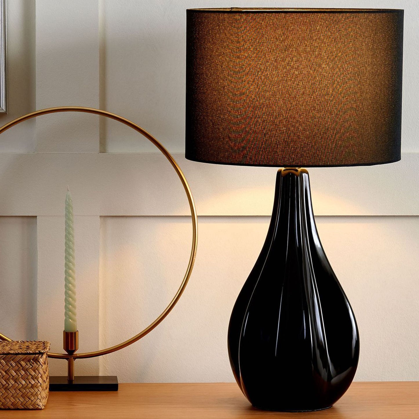 Table Lamp Black Porcelain Drum Shade 60H cm