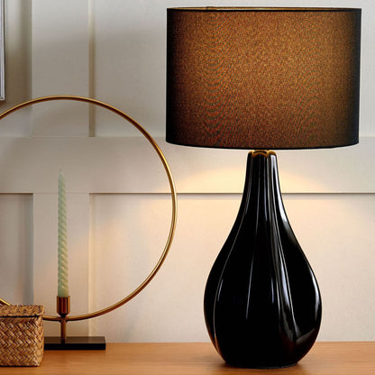 Table Lamp Black Porcelain Drum Shade 60H cm
