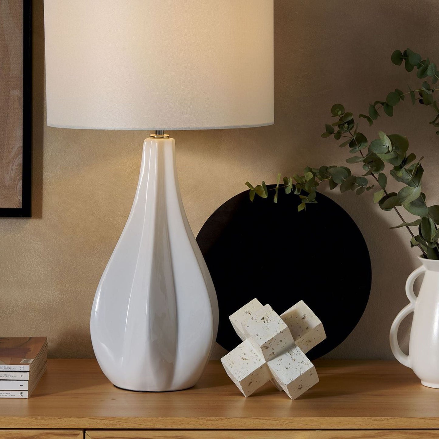 Table Lamp Beige Porcelain Base Faux Silk Drum Shade 60cm