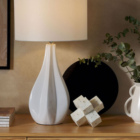 Table Lamp Beige Porcelain Base Faux Silk Drum Shade 60cm