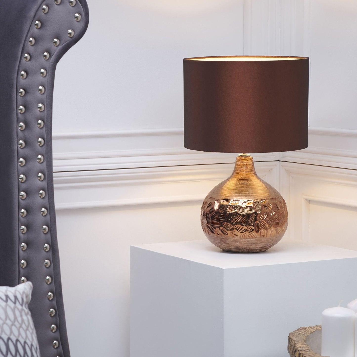 Teardrop Porcelain Table Lamp 43cm Brown Faux Silk Drum Shade