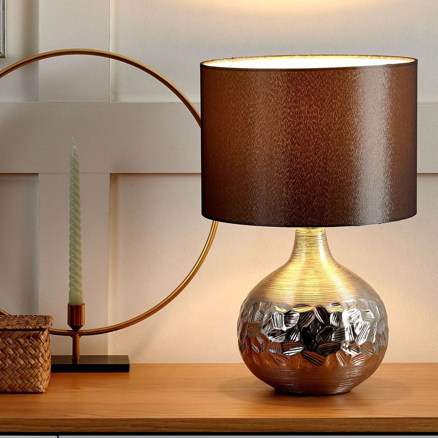 Table Lamp Porcelain Silver Grey Faux Silk Drum Shade 43cm