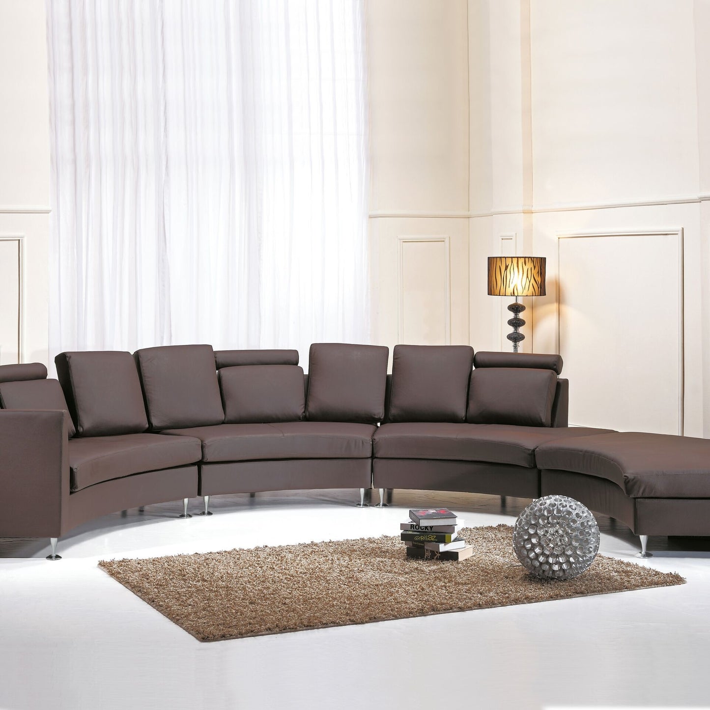 Brown Curved Leather 7 Seater Sofa Adjustable Headrests