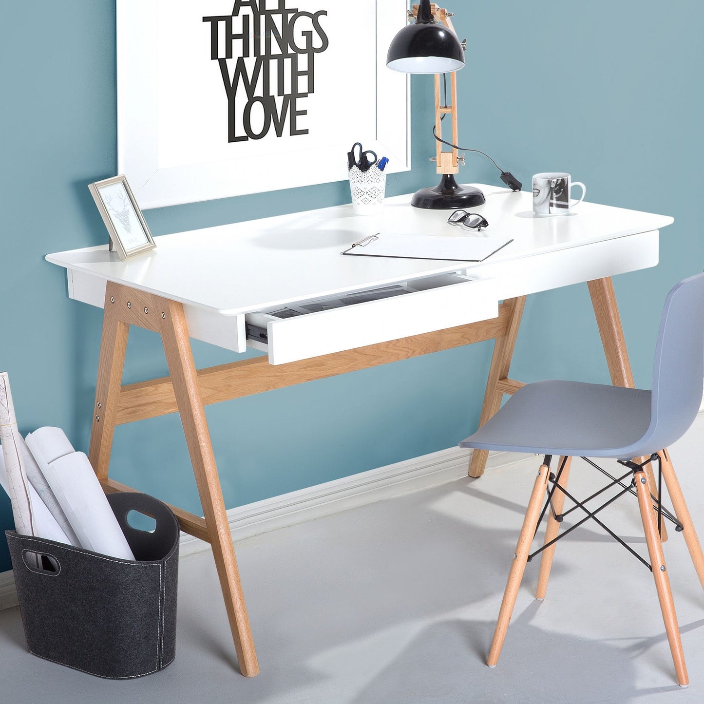 Office Desk White 120 x 75cm Lacquered Top 2 Drawers