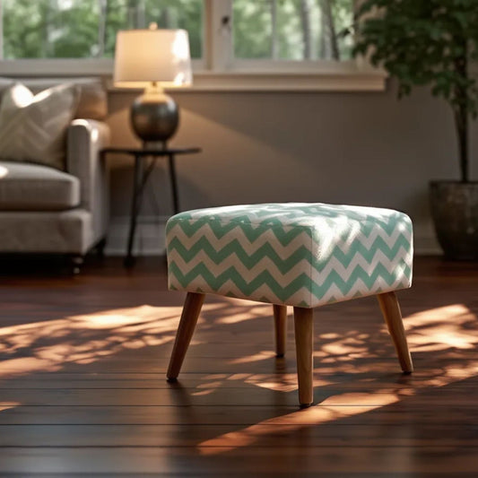 Mint Green Cotton Footstool With Wooden Legs Oriental Pattern Scandinavian Style