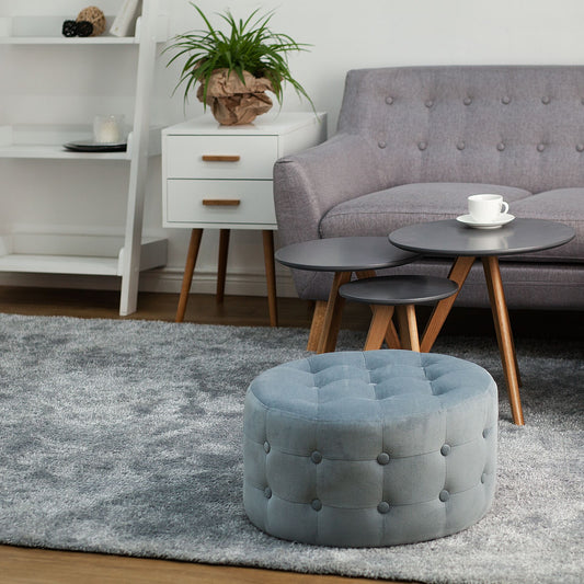 Grey Velvet Round Footstool With Button Tufting