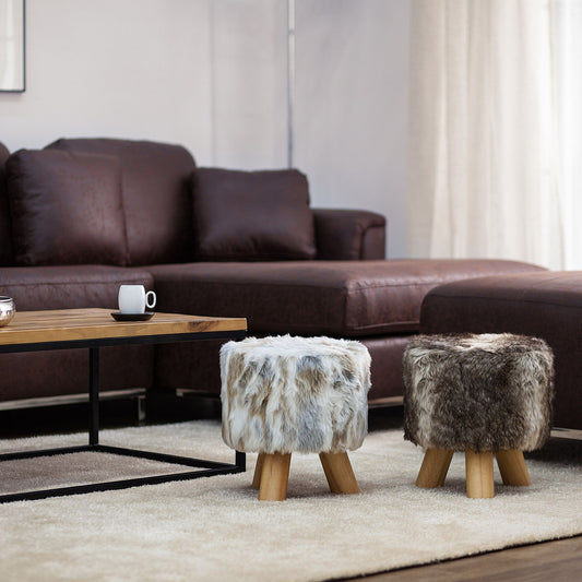 Footstool Brown Beige Faux Fur Round Stool On Tripod Legs