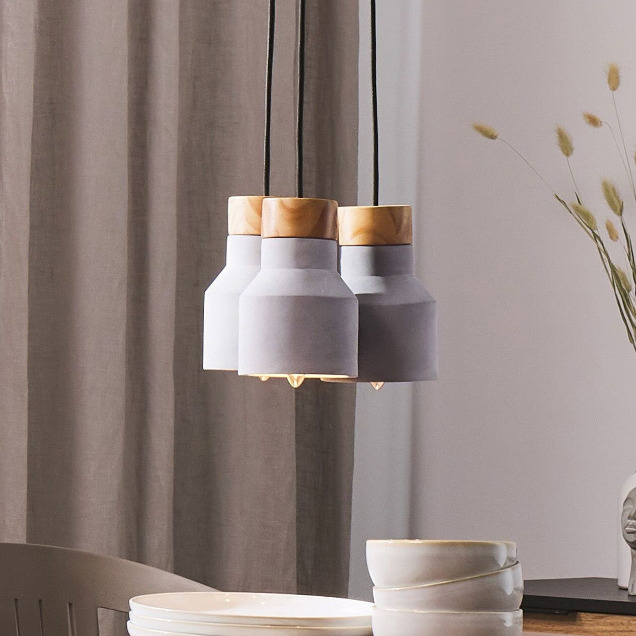 Lighting Three Light Pendant Cluster Grey Concrete Wood Finish Ceiling Lamp