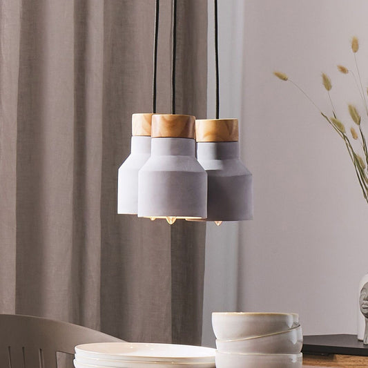 Lighting Three Light Pendant Cluster Grey Concrete Wood Finish Ceiling Lamp