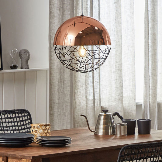 Lighting 1 Light Globe Pendant Copper Lamp Framework Modern With Glossy Copper Top And Black Openwork