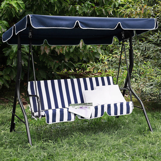 Patio Garden Swing Blue Striped Mesh With Canopy And Steel Frame 3 Seater Patio Chair