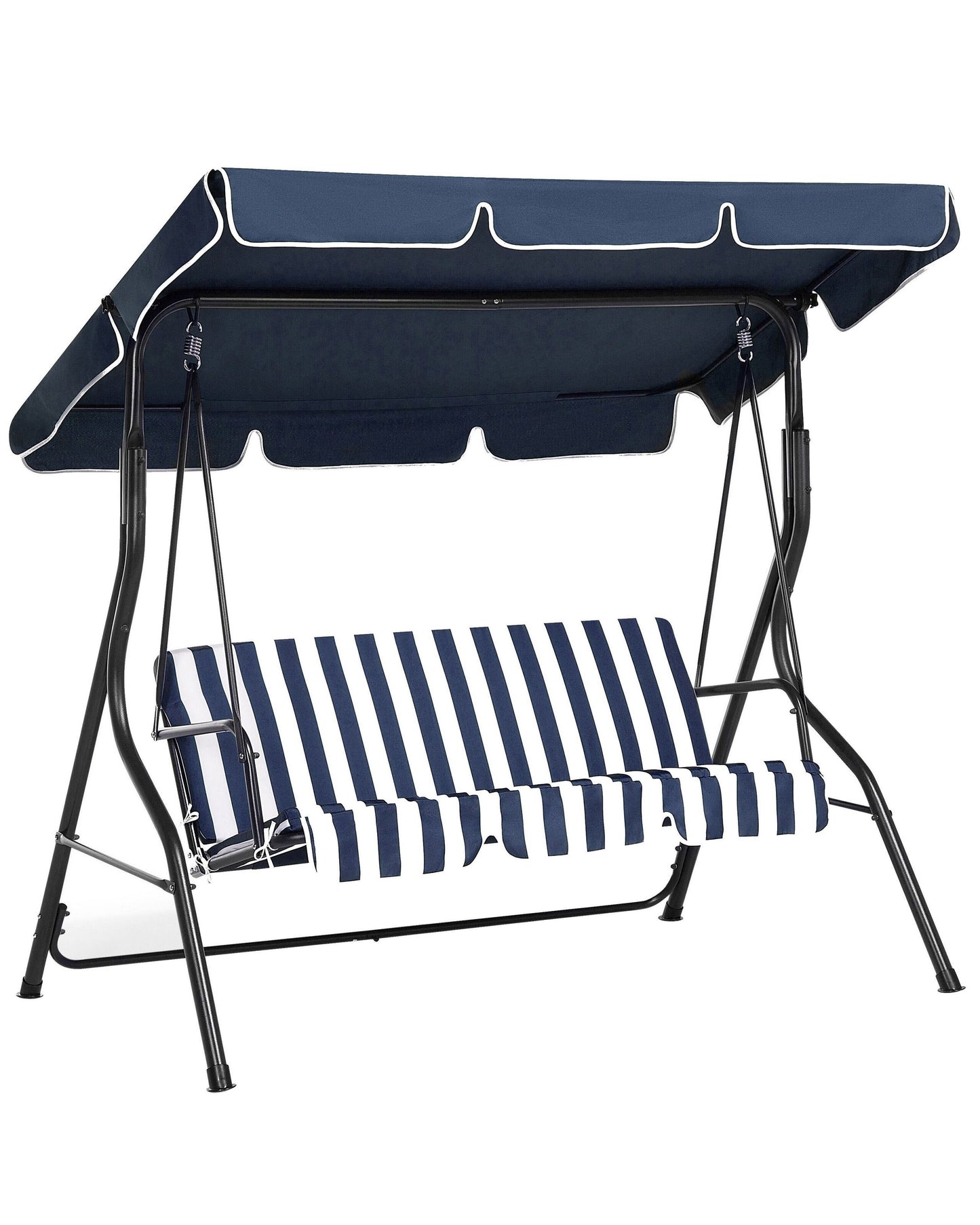 Patio Garden Swing Blue Striped Mesh With Canopy And Steel Frame 3 Seater Patio Chair